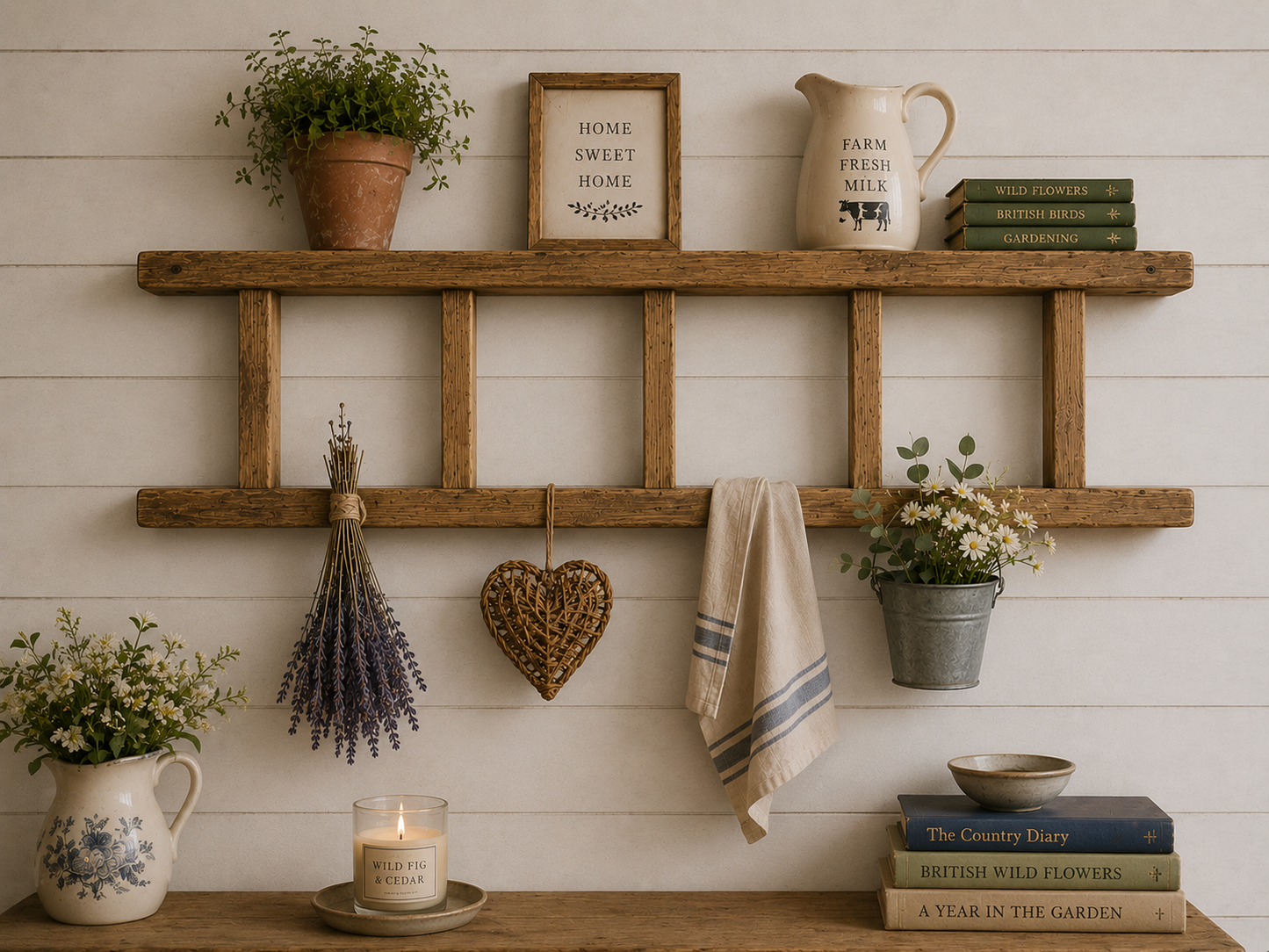 Rustic Wooden Wall Display Ladder Shelf – Handmade | 1.2m Wide x 45cm High