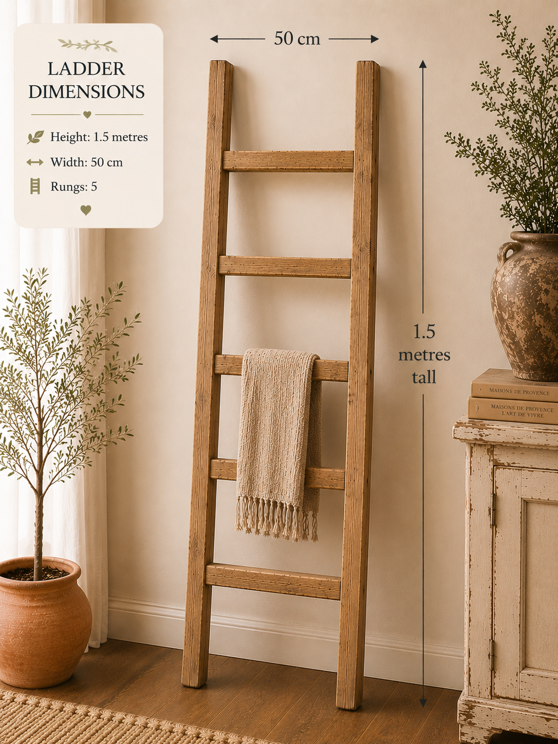 Rustic Wooden Towel or Blanket Ladder 1.5 metres (5 ft) tall