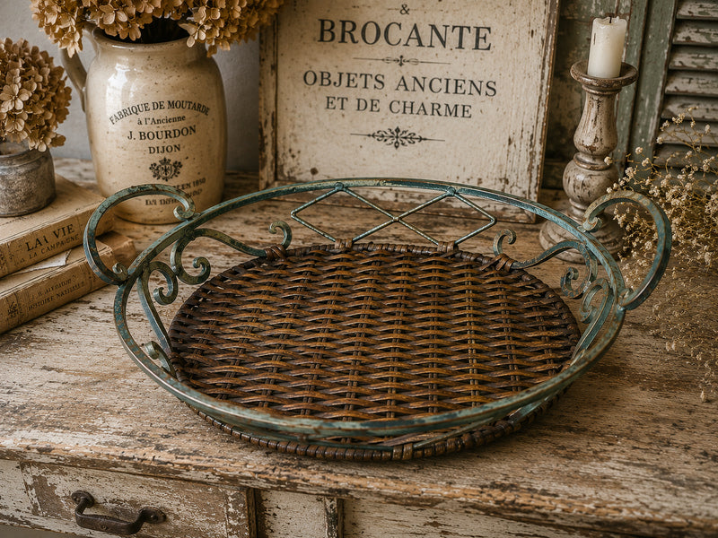 Vintage Metal & Wicker Tray / Basket - The Little Brocante Shop