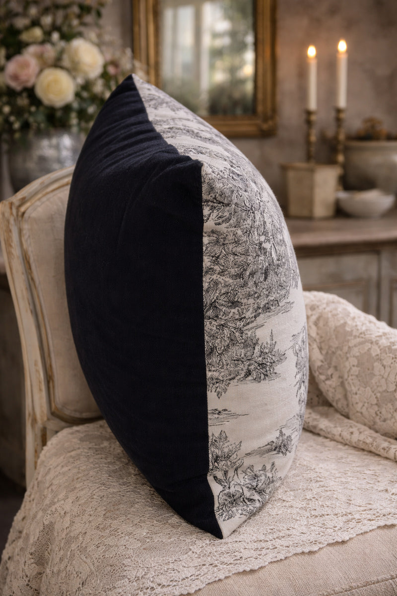 Handmade Black & White Toile Cushion (bridge scene) - The Little Brocante Shop