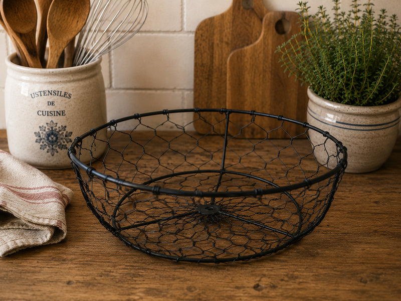 French Farmhouse Wire Fruit Basket | Rustic Black Kitchen Storage Bowl | Country Cottage Fruit Bowl