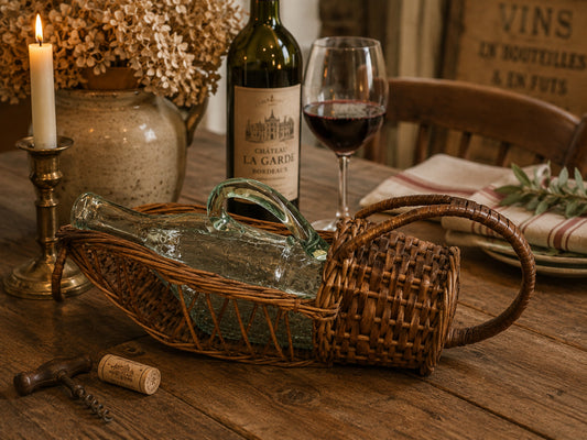 Vintage French Glass Wine Carafe in Original Wicker Basket | Rustic French Farmhouse Décor | Antique Style Wine Bottle Carrier