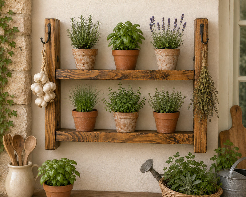 Rustic Wooden Herb Planter Shelf with Hooks - Choice of Sizes