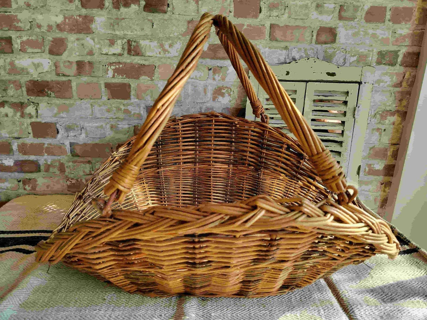 Large vintage French wicker basket with handle, antique flower collecting design, 64cm long and 23cm high