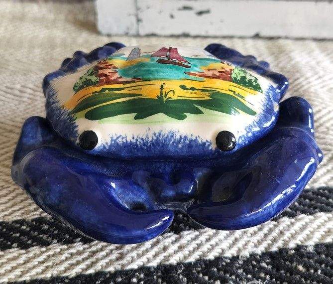 Vintage Breton crab shaped hand painted ceramic pot with traditional Breton scene and blue claws