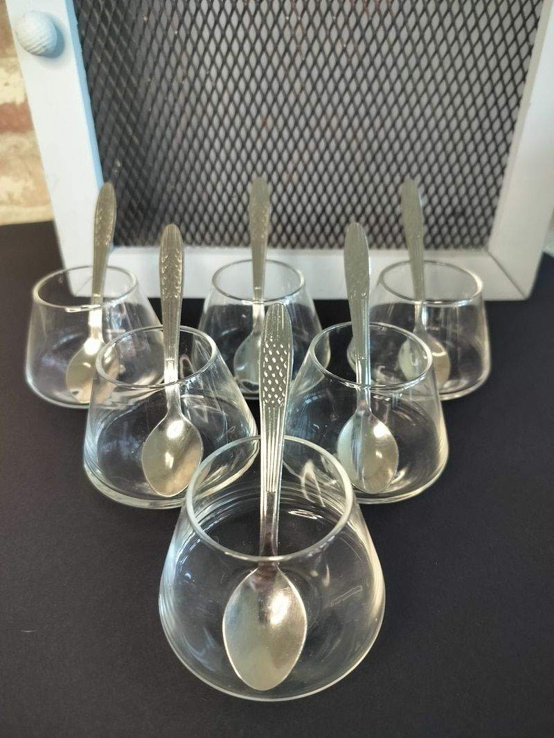Set of six vintage French amuse bouche glasses with spoons for desserts or appetizers