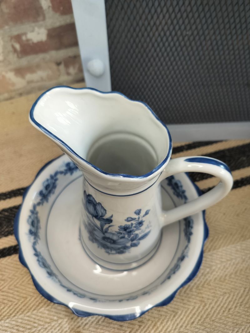 Vintage French Porcelain blue and white floral bathroom jug and washbowl set