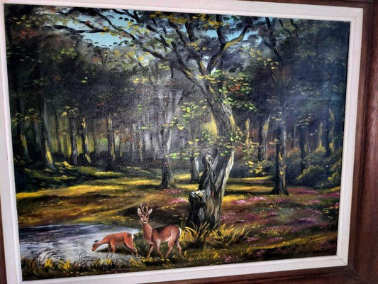 Antique Deer in the Woods Large French Oil Painting