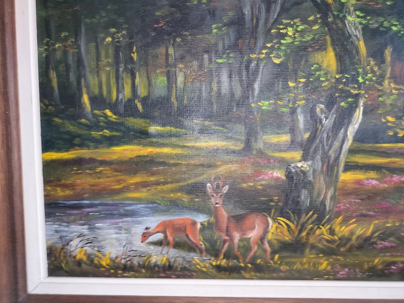 Antique Deer in the Woods Large French Oil Painting