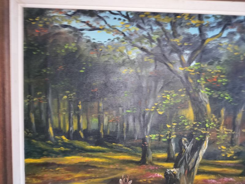 Antique Deer in the Woods Large French Oil Painting