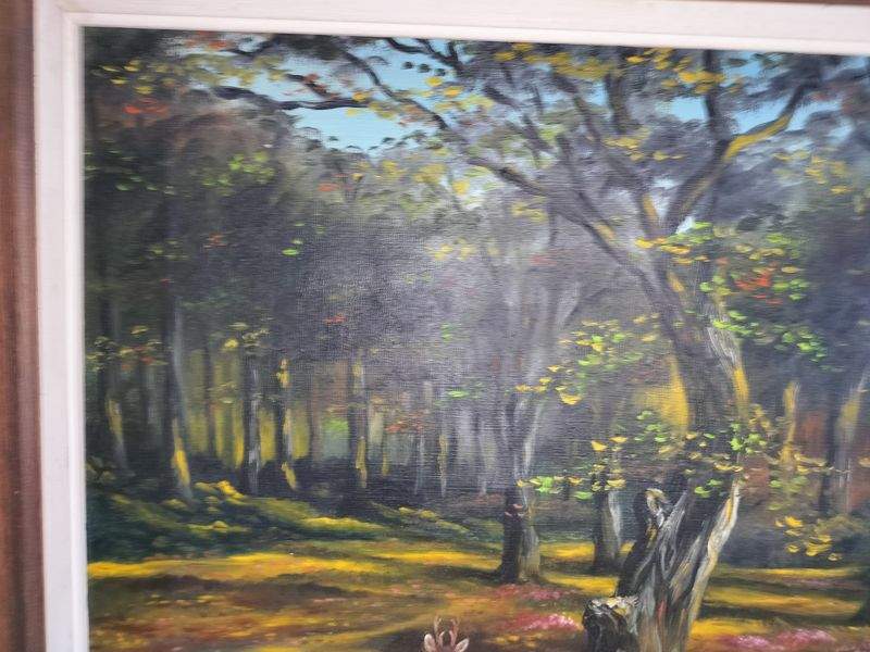 Antique Deer in the Woods Large French Oil Painting