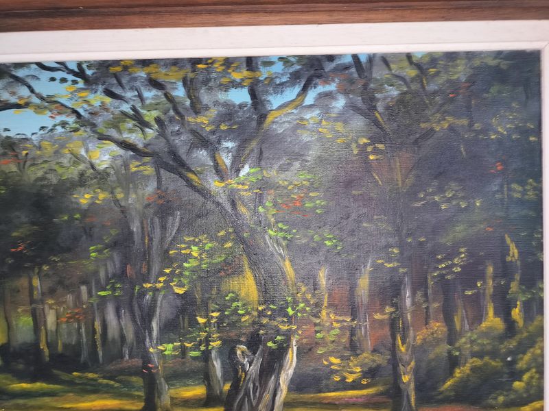 Antique Deer in the Woods Large French Oil Painting