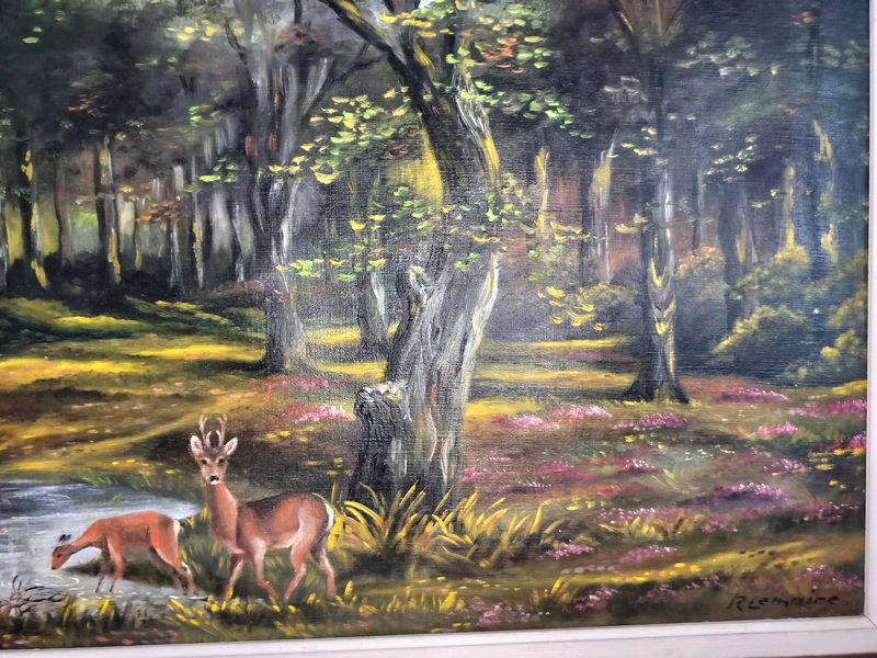 Antique Deer in the Woods Large French Oil Painting