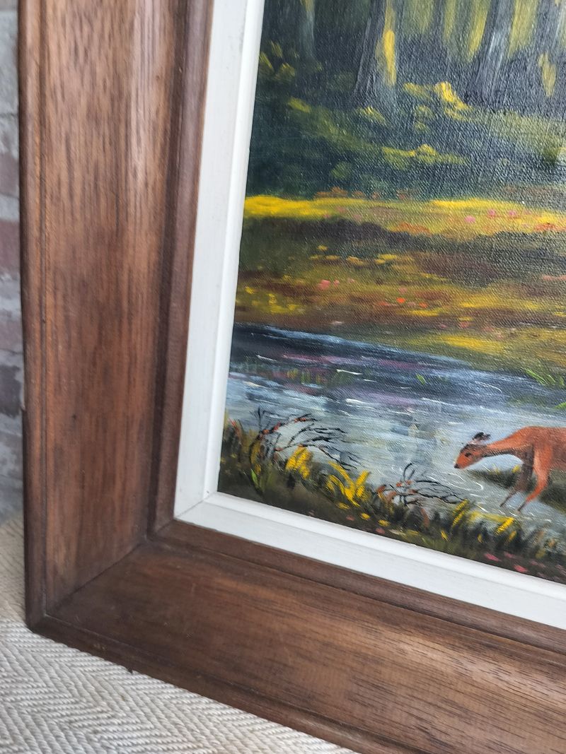 Antique Deer in the Woods Large French Oil Painting