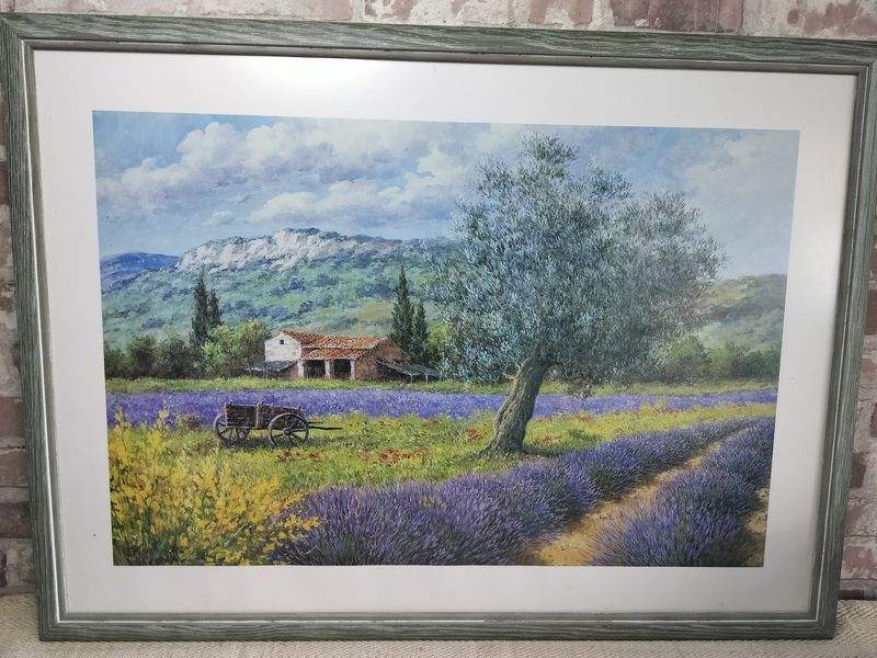 Framed painting of French Provence lavender fields with farm building and tree in countryside landscape