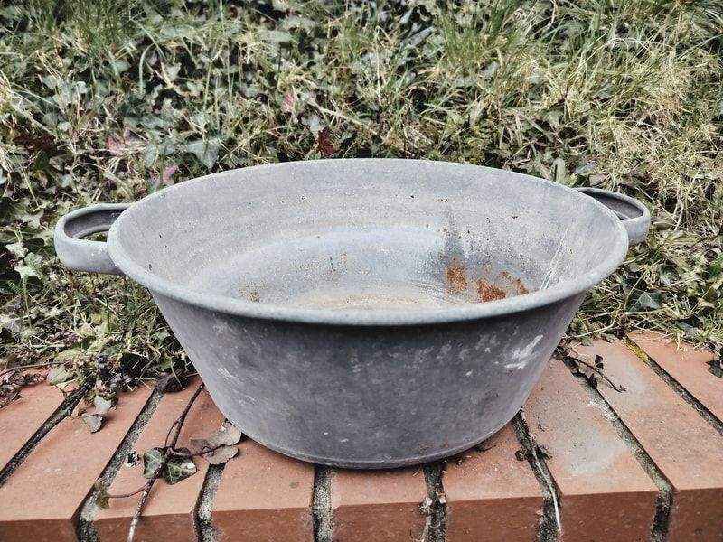 French vintage galvanised metal washbasin planter with handles and red number 38 detail