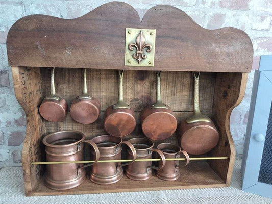 Upcycled Hanging Wall Display with French Copper Pans & Tankards