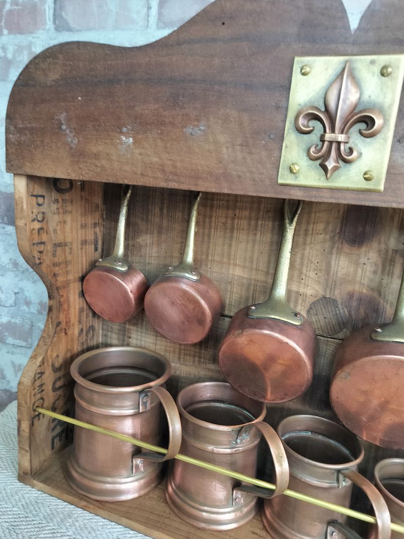 Upcycled Hanging Wall Display with French Copper Pans & Tankards
