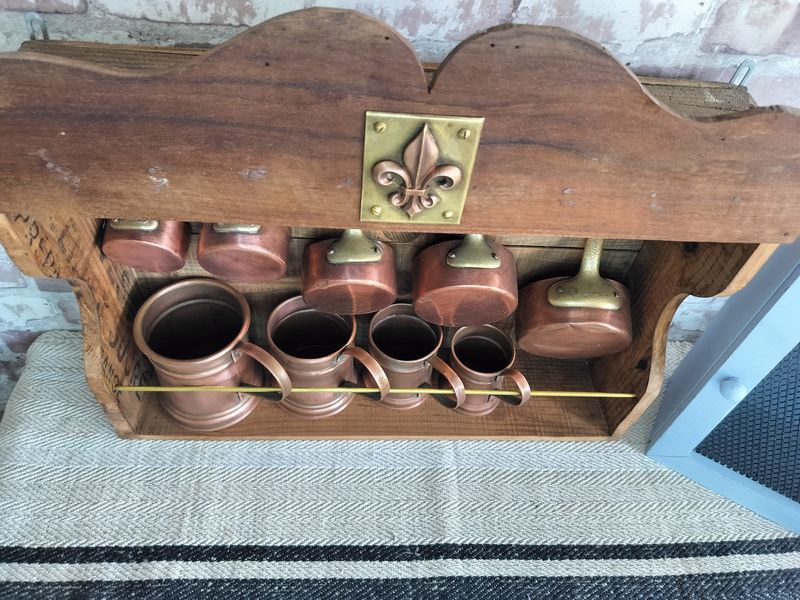 Upcycled Hanging Wall Display with French Copper Pans & Tankards