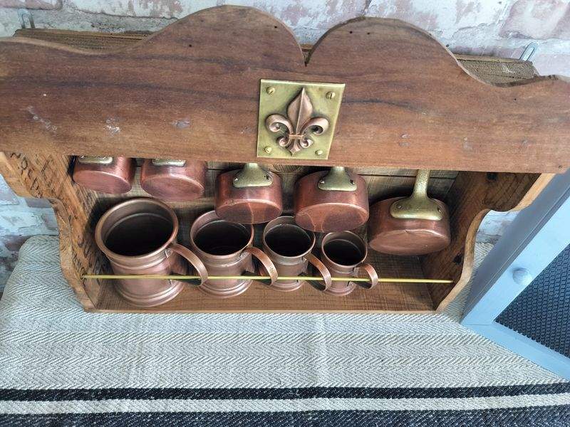 Upcycled Hanging Wall Display with French Copper Pans & Tankards