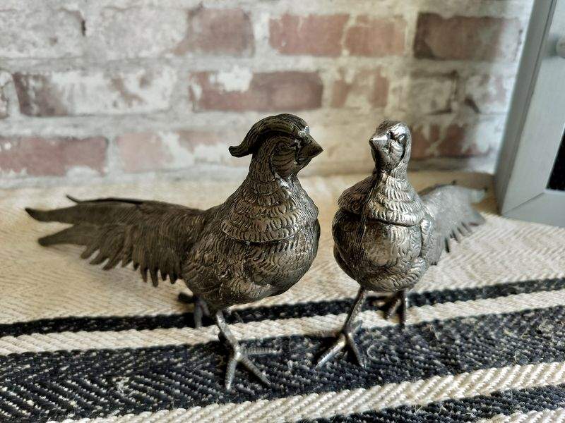 Pair of Vintage French Silver Plated Metal Pheasants