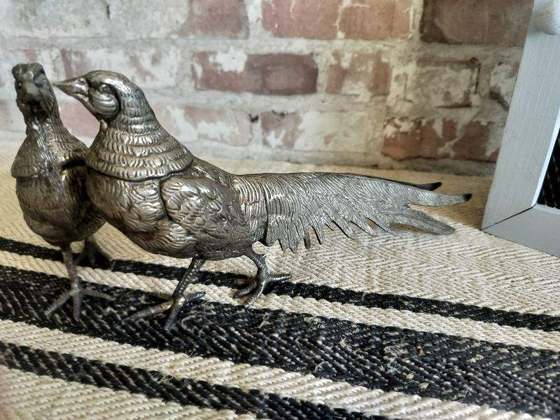 Pair of Vintage French Silver Plated Metal Pheasants