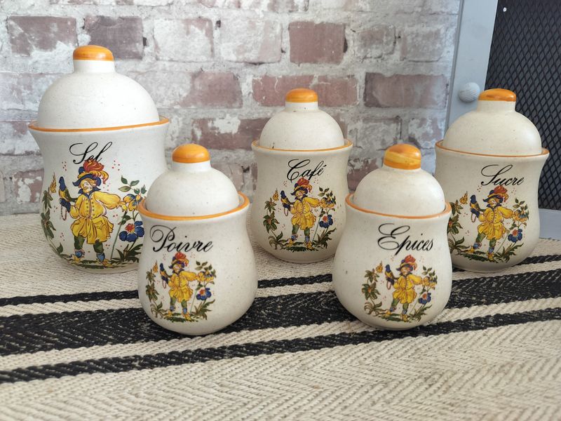 Set of 5 Vintage French Kitchen Porcelain Storage Pots