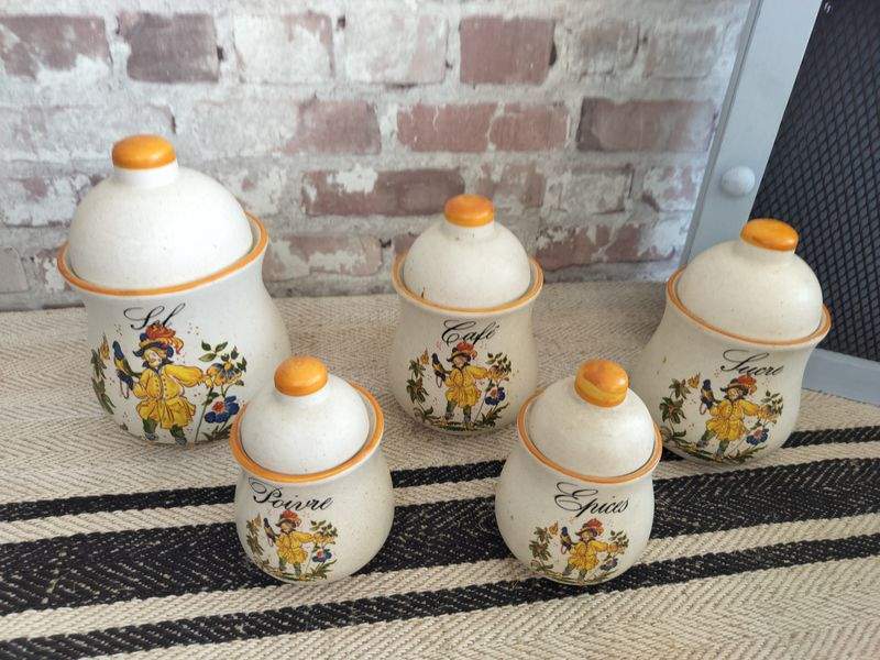 Set of 5 Vintage French Kitchen Porcelain Storage Pots