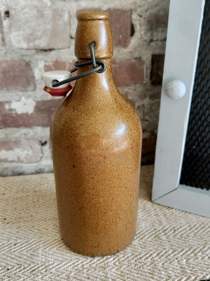Vintage Glazed French Stoneware Bottle with Lid