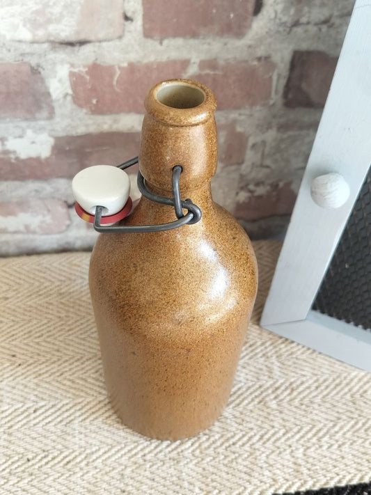 Vintage Glazed French Stoneware Bottle with Lid