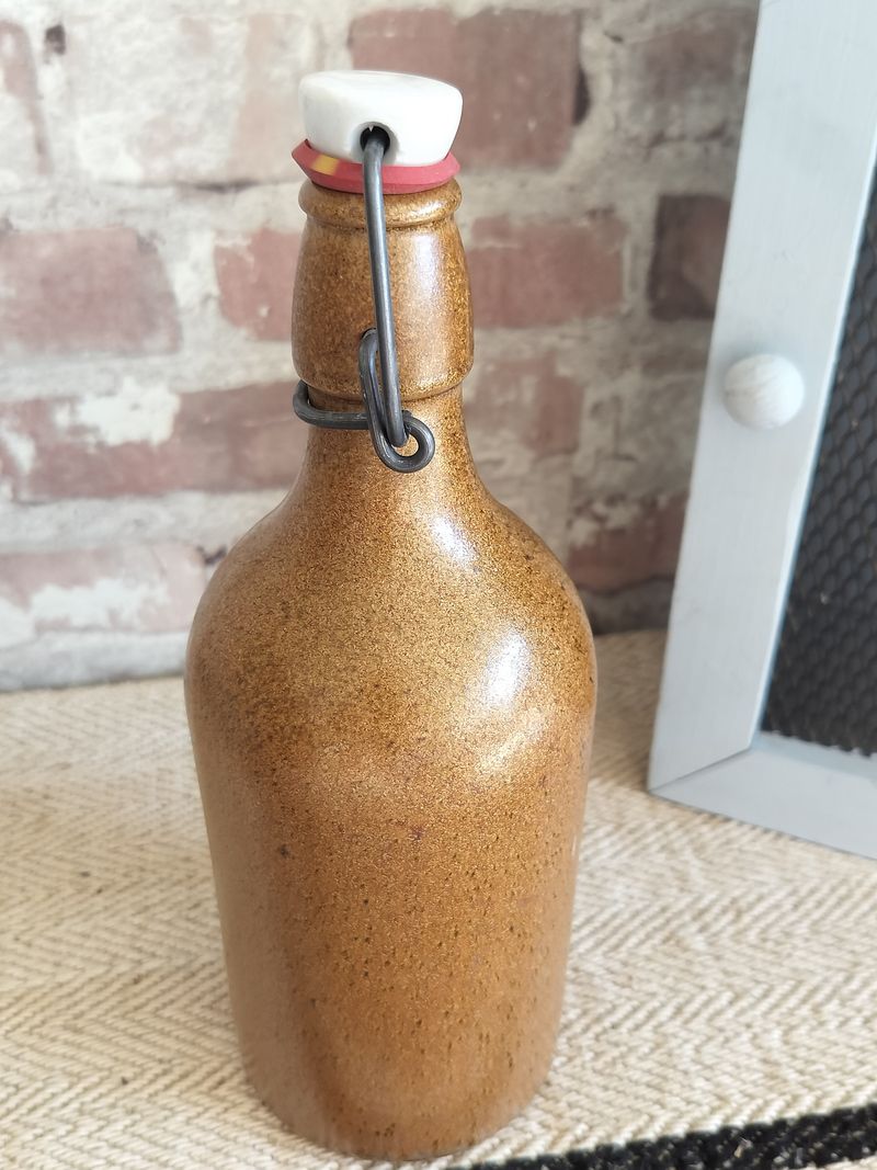 Vintage Glazed French Stoneware Bottle with Lid