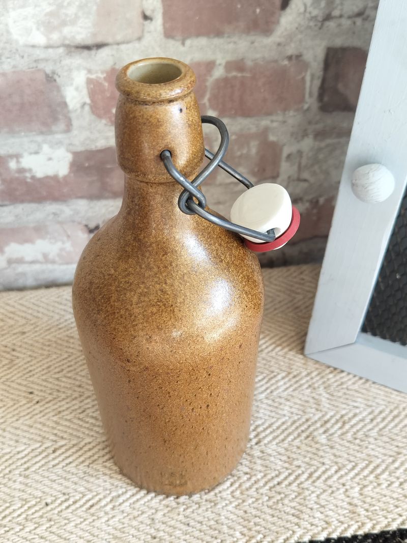 Vintage Glazed French Stoneware Bottle with Lid