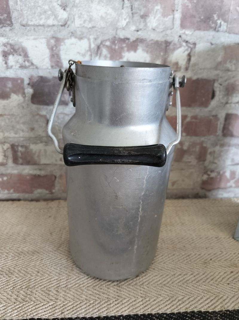Lightweight vintage French milk churn aluminum with black handle for kitchen or decor