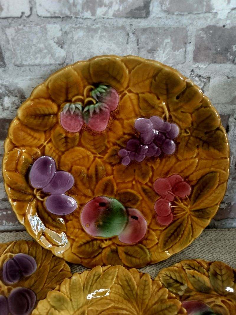 Vintage French Sarreguemines Majolica Fruit Plates - Set of 6, c.1950