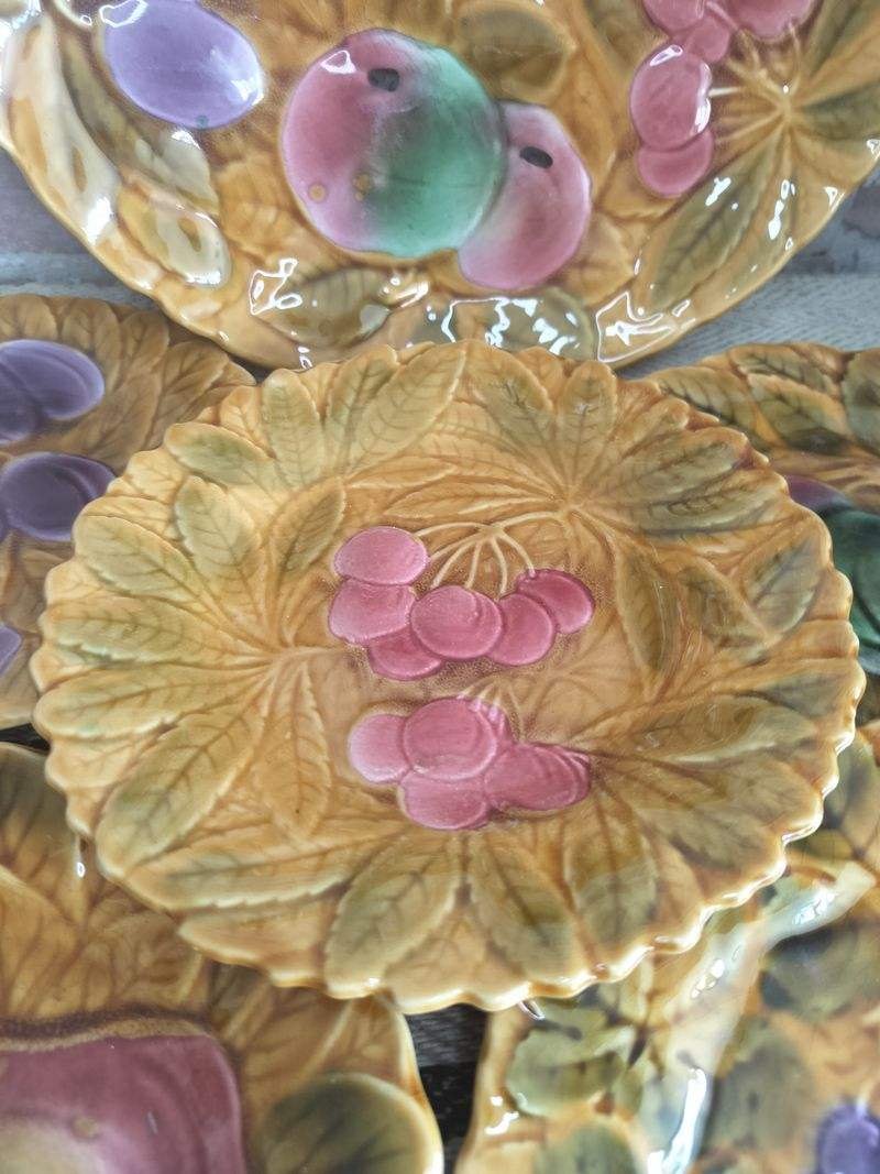 Vintage French Sarreguemines Majolica Fruit Plates - Set of 6, c.1950