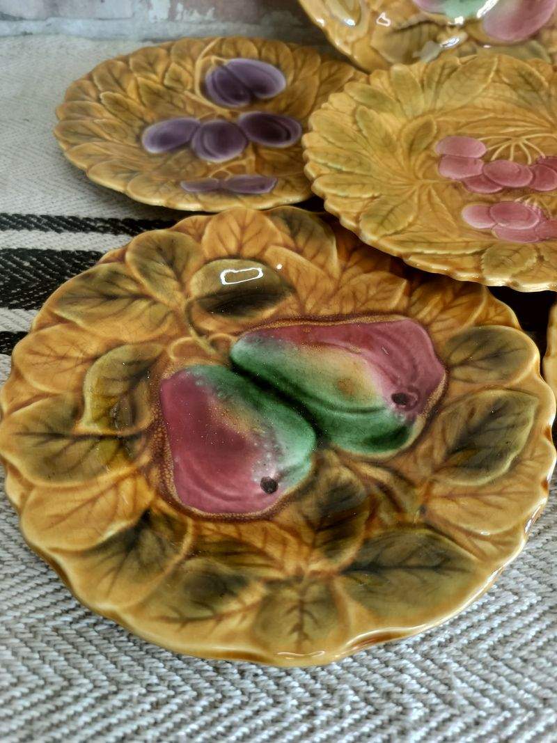 Vintage French Sarreguemines Majolica Fruit Plates - Set of 6, c.1950