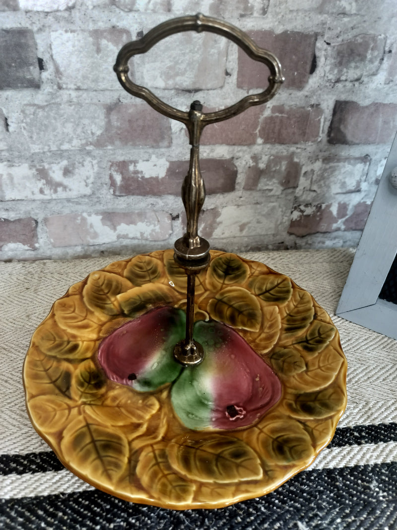 Vintage French Sarreguemines Majolica Cake Stand with Pear Motif