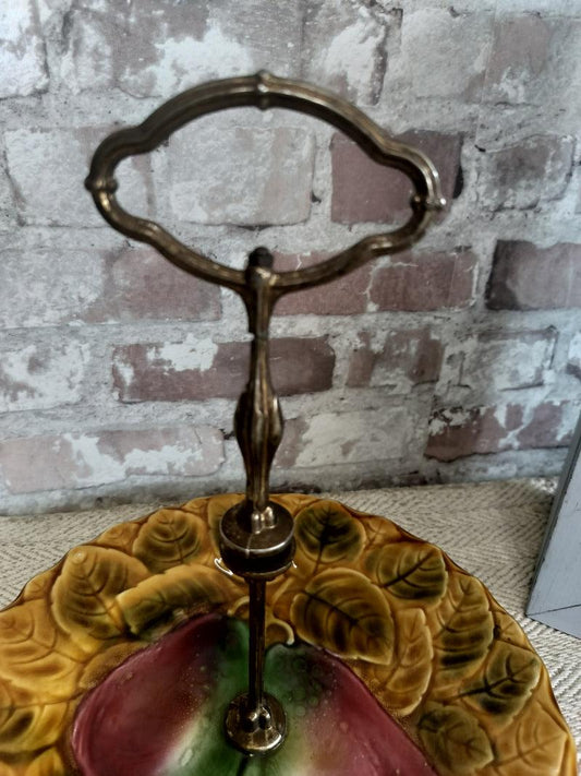 Vintage French Sarreguemines Majolica Cake Stand with Pear Motif