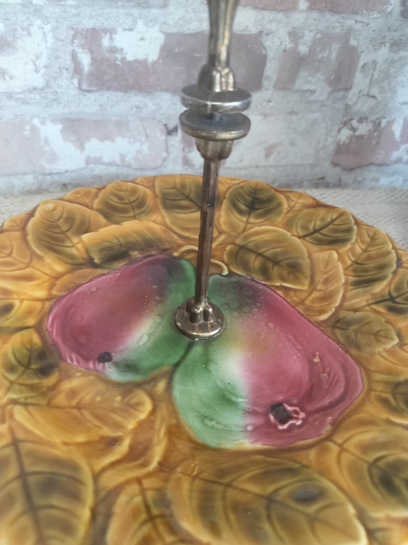 Vintage French Sarreguemines Majolica Cake Stand with Pear Motif