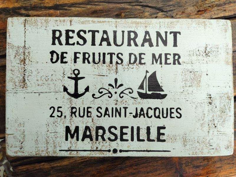 Handmade wooden seafood sign with French blue rustic design for restaurant decor