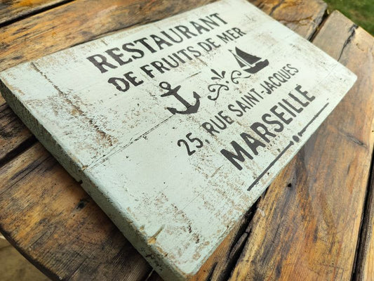 French Blue Handmade Upcycled Wooden Seafood Restaurant Sign