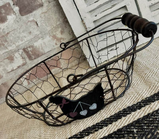 Vintage French rustic black wire egg basket with wooden handle