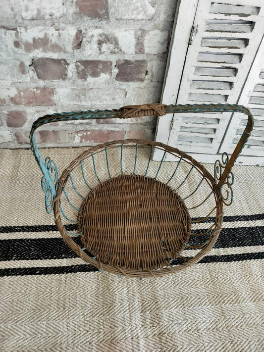 Vintage French Blue Metal & Wicker Basket