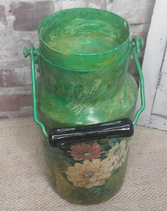 Vintage French hand-painted green metal milk can with floral decoupage