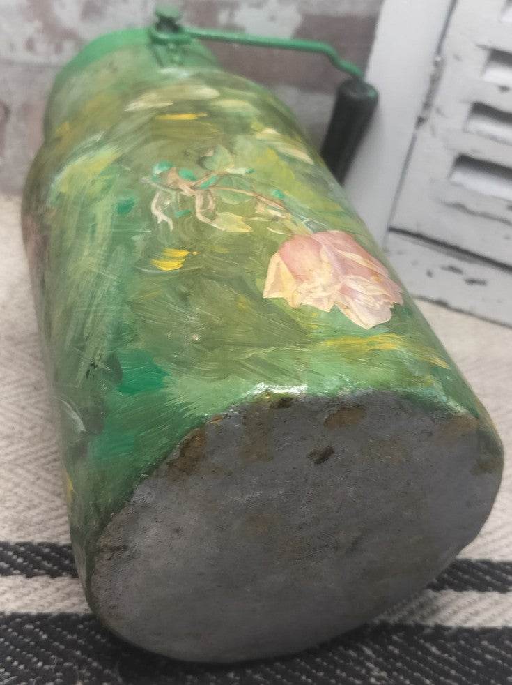 Vintage French hand-painted green metal milk can with floral decoupage