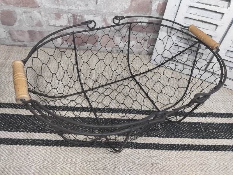 Vintage French picking basket with wire mesh and wooden handles for rustic farmhouse decor