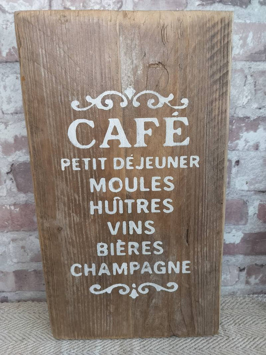 Upcycled handmade wooden cafe sign with white French lettering on natural wood background for indoor and outdoor decor