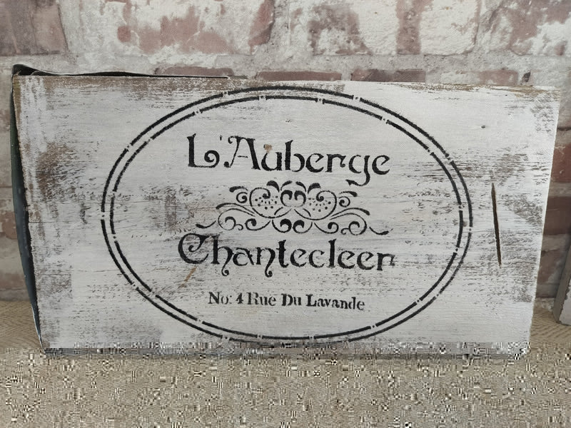 Upcycled Handmade Wooden Auberge Chantecleer Sign with rustic white aged background and black lettering for indoor and outdoor decor