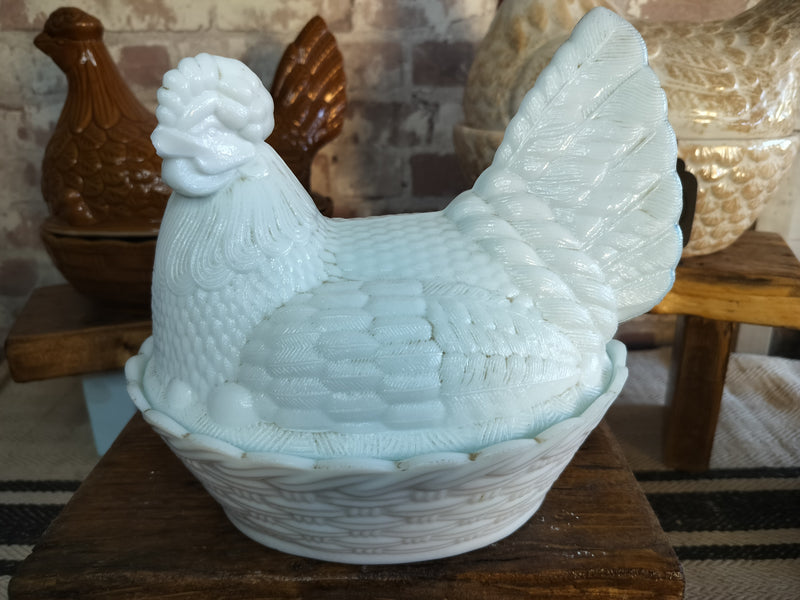 Rare Fostoria Aqua White Hen on Nest – Vintage Egg Holder