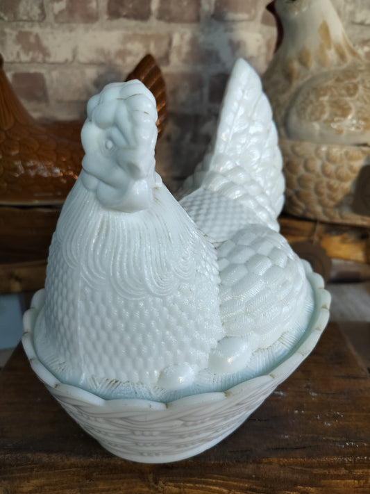Rare Fostoria Aqua White Hen on Nest – Vintage Egg Holder